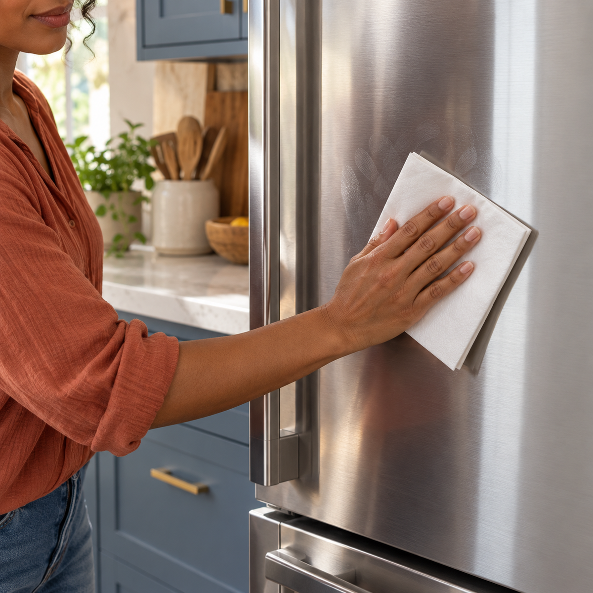 Woman wiping a stainless steel refrigerator with a folded white Krystal Klear Cloth