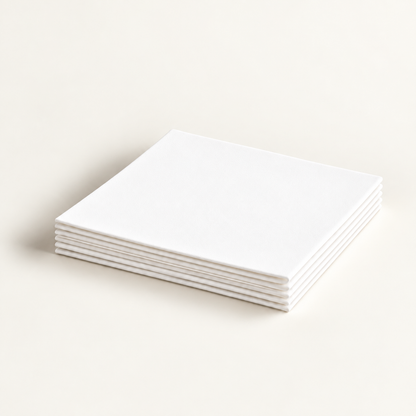Thin white Krystal Klear Cloths folded in a stack on a warm cream background